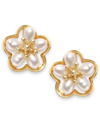 Petal perfection. Cultured freshwater pearls (4-1/2-5 mm) adorn these beautiful flower-shaped stud earrings. Set in 14k gold. Approximate diameter: 1/2 inch. Petal perfection. Cultured freshwater pearls (4-1/2-5 mm) adorn these beautiful flower-shaped stud earrings. Set in 14k gold. Approximate diameter: 1/2 inch.