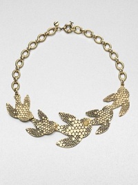 A richly feathered flock of graceful birds wing their way across this lovely necklace on a bold oval link chain with screw-head connectors.Oxidized brassLength, about 20Spring ring claspImported