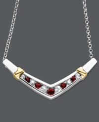 Shapely design with a bold touch of color. This v-shaped necklace features alternating, round-cut rubies (3/8 ct. t.w.) and white sapphires (3/8 ct. t.w.) in a polished sterling silver setting with 14k gold accents. Approximate length: 18 inches. Approximate drop: 1-1/2 inches. Shapely design with a bold touch of color. This v-shaped necklace features alternating, round-cut rubies (3/8 ct. t.w.) and white sapphires (3/8 ct. t.w.) in a polished sterling silver setting with 14k gold accents. Approximate length: 18 inches. Approximate drop: 1-1/2 inches.