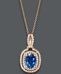 Resplendent and regal. Effy Collection's oval-cut sapphire (1-3/8 ct. t.w.) pendant shines with the addition of two rows of round-cut diamonds (1/4 ct. t.w.). Crafted in a trendy, 14k rose gold setting. Approximate length: 18 inches. Approximate drop length: 3/4 inch. Approximate drop width: 1/2 inch. Resplendent and regal. Effy Collection's oval-cut sapphire (1-3/8 ct. t.w.) pendant shines with the addition of two rows of round-cut diamonds (1/4 ct. t.w.). Crafted in a trendy, 14k rose gold setting. Approximate length: 18 inches. Approximate drop length: 3/4 inch. Approximate drop width: 1/2 inch.