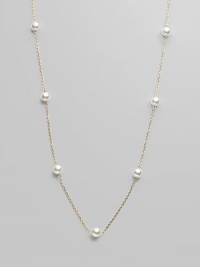 From the Akoya Collection. A delicate chain, enhanced with lustrous white cultured Akoya pearls. 6mm white, round cultured pearls Quality: AA 18k yellow gold Length, about 32 Spring ring clasp Imported From the Akoya Collection. A delicate chain, enhanced with lustrous white cultured Akoya pearls. 6mm white, round cultured pearls Quality: AA 18k yellow gold Length, about 32 Spring ring clasp Imported
