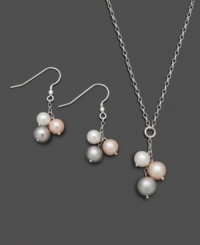 Charming clusters in a myriad of color. This unique lariat-style jewelry set features white, gray, and pink cultured freshwater pearl (8-9 mm) clusters in a sterling silver setting. Approximate length: 18 inches. Approximate necklace drop: 1-1/4 inches. Approximate earring drop: 1-3/4 inches. Charming clusters in a myriad of color. This unique lariat-style jewelry set features white, gray, and pink cultured freshwater pearl (8-9 mm) clusters in a sterling silver setting. Approximate length: 18 inches. Approximate necklace drop: 1-1/4 inches. Approximate earring drop: 1-3/4 inches.