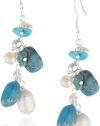 Sterling Silver Turquoise and Freshwater Cultured Pearl Linear Drop French Wire Earrings