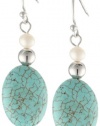 Sterling Silver Turquoise Oval Bead and White Freshwater Cultured Pearl Drop Earrings