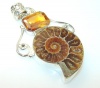 Ammonite Fossil Women Silver Tone Pendant 23.70g (color: brown, dim.: 2 3/4, 1 3/4, 3/8 inch). Ammonite Fossil, Created Golden Quartz Crafted in Silver Tone Metal only ONE pendant available - pendant entirely handmade by the most gifted artisans - one of 