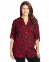 Calvin Klein Women's Plus-Size Printed Roll Sleeve, Black/Rouge Antique Lace Rge, 2X
