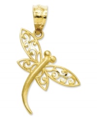 The natural flit and flutter of a real dragonfly is captured in the angular placement of this filigree dragonfly charm. Crafted of 14k gold with a satin finish. Chain not included. Approximate drop length: 4/5 inch. Approximate drop width: 1/2 inch. The natural flit and flutter of a real dragonfly is captured in the angular placement of this filigree dragonfly charm. Crafted of 14k gold with a satin finish. Chain not included. Approximate drop length: 4/5 inch. Approximate drop width: 1/2 inch.