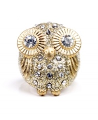 Witty and wise. This adjustable owl-themed ring from RACHEL Rachel Roy will add chic, quirky style to your look. Crafted in gold tone mixed metal, it's detailed by glittering glass accents. Ring adjusts to fit finger. Witty and wise. This adjustable owl-themed ring from RACHEL Rachel Roy will add chic, quirky style to your look. Crafted in gold tone mixed metal, it's detailed by glittering glass accents. Ring adjusts to fit finger.