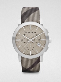 Signature smoke check pattern defines the strap bracelet of this classic chronograph style, set in stainless steel with a trench checked hydraulic stamped dial.Chronograph movementRound bezelWater resistant to 5ATMDate display at 4 o'clock Second handStainless steel case: 42mm(1.65)Check strap braceletImported Signature smoke check pattern defines the strap bracelet of this classic chronograph style, set in stainless steel with a trench checked hydraulic stamped dial.Chronograph movementRound bezelWater resistant to 5ATMDate display at 4 o'clock Second handStainless steel case: 42mm(1.65)Check strap braceletImported