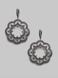 From the Secret Garden Collection. A lace inspired hoop earring with dazzling black sapphire stones.Sapphire Sterling silver Width, about 1½ Length, about 1½ Pierced Imported From the Secret Garden Collection. A lace inspired hoop earring with dazzling black sapphire stones.Sapphire Sterling silver Width, about 1½ Length, about 1½ Pierced Imported