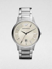 A classic timepiece in sleek stainless steel with a convenient date-function. Quartz movementWater resistant to 5 ATMRound stainless steel case, 43mm (1.7) Smooth bezelIvory sunray dialBar hour markersDate display at 6 o'clockSecond hand Stainless steel braceletImported A classic timepiece in sleek stainless steel with a convenient date-function. Quartz movementWater resistant to 5 ATMRound stainless steel case, 43mm (1.7) Smooth bezelIvory sunray dialBar hour markersDate display at 6 o'clockSecond hand Stainless steel braceletImported
