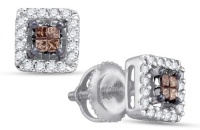14K White Gold Princess Cut Chocolate Brown and White Diamond - Square Princess Shape Halo Invisible & Channel Set Studs Earrings with Secure Screw Back Closure - (.30 cttw.) 14K White Gold Princess Cut Chocolate Brown and White Diamond - Square Princess Shape Halo Invisible & Channel Set Studs Earrings with Secure Screw Back Closure - (.30 cttw.)