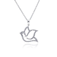 Rhodium Plated 925 Sterling Silver Cubic Zirconia CZ Dove Bird Charm Pendant Necklace with Link Chain Rhodium Plated 925 Sterling Silver Cubic Zirconia CZ Dove Bird Charm Pendant Necklace with Link Chain