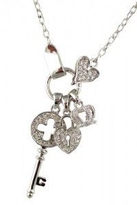 Silver Rhodium Plated Juicy Inspired Crystal Pavé Heart Shaped Padlock, Crown and Key Charm Couture Necklace Silver Rhodium Plated Juicy Inspired Crystal Pavé Heart Shaped Padlock, Crown and Key Charm Couture Necklace