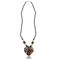 MUR RD PEND ORANGE/YEL W/BLK BEADS Black and Gold Heart Shaped Murano Glass Pendant on Beaded Chain, 24 Inches Long MUR RD PEND ORANGE/YEL W/BLK BEADS Black and Gold Heart Shaped Murano Glass Pendant on Beaded Chain, 24 Inches Long