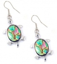 Stunning Iridescent Abalone Shell Turtle Charm Dangle Earrings Silver Rhodium Plated