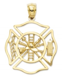 Honor a courageous fireman (or woman) with this symbolic charm. Crafted in 14k gold, charm features a shield with a ladder, hat, and fire hydrant. Chain not included. Approximate length: 1-1/10 inches. Approximate width: 4/5 inch. Honor a courageous fireman (or woman) with this symbolic charm. Crafted in 14k gold, charm features a shield with a ladder, hat, and fire hydrant. Chain not included. Approximate length: 1-1/10 inches. Approximate width: 4/5 inch.