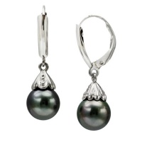 14K White Gold Diamond Illusion Flower design Cup with a 9-10mm perfect Round Black South Sea Tahitian Pearl High Luster and 14 k White Gold Lever Back Dangle Earring AAA Quality. 14K White Gold Diamond Illusion Flower design Cup with a 9-10mm perfect Round Black South Sea Tahitian Pearl High Luster and 14 k White Gold Lever Back Dangle Earring AAA Quality.