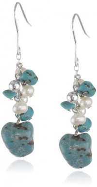 Sterling Silver Turquoise and Freshwater Cultured Pearl Linear Multi Drop French Wire Earrings Sterling Silver Turquoise and Freshwater Cultured Pearl Linear Multi Drop French Wire Earrings