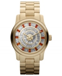 Ruby-colored crystals mark the time on this mesmerizing Runway watch from Michael Kors. Ruby-colored crystals mark the time on this mesmerizing Runway watch from Michael Kors.