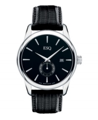 Stately in its elegance, this Chronicle watch from ESQ by Movado commands attention. Black teju lizard-embossed leather strap and round stainless steel case. Black dial features applied silvertone stick indices, date window at three o'clock, second subdial at six o'clock, logo at twelve o'clock and two silvertone hands. Swiss quartz movement. Water resistant to 30 meters. Two-year limited warranty. Stately in its elegance, this Chronicle watch from ESQ by Movado commands attention. Black teju lizard-embossed leather strap and round stainless steel case. Black dial features applied silvertone stick indices, date window at three o'clock, second subdial at six o'clock, logo at twelve o'clock and two silvertone hands. Swiss quartz movement. Water resistant to 30 meters. Two-year limited warranty.