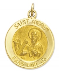 Commemorate the patron Saint of fishermen. This intricate medal charm features a divine depiction, as well as the words: Saint Andrew Pray For Us in 14k gold. Chain not included. Approximate length: 2/5 inch. Approximate width: 3/5 inch. Commemorate the patron Saint of fishermen. This intricate medal charm features a divine depiction, as well as the words: Saint Andrew Pray For Us in 14k gold. Chain not included. Approximate length: 2/5 inch. Approximate width: 3/5 inch.