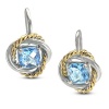 CleverEve Designer Series Rhodium & Yellow Gold Plated Frenchwire Rope Accent Silver Earrings w/ Prong Set Cushion Cut Natural Genuine Blue Topaz Stones