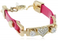 Betsey Johnson Pink & Gold Boost Pave Crystal Heart Faux Leather Bracelet,9 Betsey Johnson Pink & Gold Boost Pave Crystal Heart Faux Leather Bracelet,9