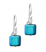 DreamGlass Sterling Silver and Dichroic Glass Blue Box-Shaped Bead Earrings