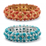 Simulated Coral Stretch Bracelet in Yellow Gold Tone and Simulated Turquoise Bracelet in Silvertone