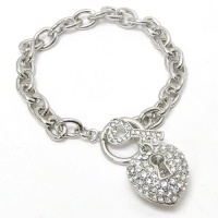 Gorgeous Silver Tone with White Gold Plating Puff Pave Heart Charm Bracelet with Crystal Key Toggle Clasp Gorgeous Silver Tone with White Gold Plating Puff Pave Heart Charm Bracelet with Crystal Key Toggle Clasp