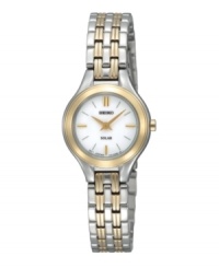 Solar system: Solar energy powers this sophisticated Seiko watch. Two tone mixed metal bracelet and round case. Goldtone bezel and white dial with goldtone hands and stick indices. Twelve-month energy storage. Quick-start function and energy depletion warning. Solar quartz movement. Water resistant to 30 meters. Three-year limited warranty. Solar system: Solar energy powers this sophisticated Seiko watch. Two tone mixed metal bracelet and round case. Goldtone bezel and white dial with goldtone hands and stick indices. Twelve-month energy storage. Quick-start function and energy depletion warning. Solar quartz movement. Water resistant to 30 meters. Three-year limited warranty.