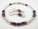 Damali Gold Filled and Vermeil Swarovski Elements February Birthstone Amethyst Color Crystal Beads and Freshwater Cultured Pearl Bracelet and Earring SET