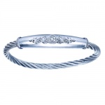 Gabriel Steel and Sterling Silver Cable Vintage Style Bangle with 0.10 Carats Decorative Diamond Scrollwork Center