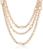 Majorica 10 mm White Round Pearls Gold Toned 3 Row Chain Necklace, 19