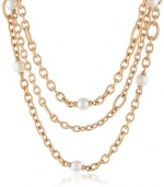 Majorica 10 mm White Round Pearls Gold Toned 3 Row Chain Necklace, 19