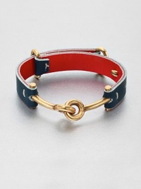 A modern and sleek design in leather and metal. LeatherBrassDiameter, about 2¼Hook closureImported A modern and sleek design in leather and metal. LeatherBrassDiameter, about 2¼Hook closureImported