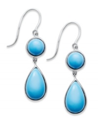 Pool blue perfection. Round and pear-cut turquoise stones (5 mm and 8 mm) adorn these pretty sterling silver drop earrings. Approximate drop: 1 inch x 1/2 inch. Pool blue perfection. Round and pear-cut turquoise stones (5 mm and 8 mm) adorn these pretty sterling silver drop earrings. Approximate drop: 1 inch x 1/2 inch.