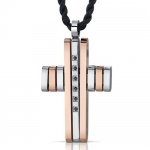 Futuristic Faith: Stainless Steel and Rose Gold Unisex Modern Cross Pendant Necklace with Black Cubic Zirconia