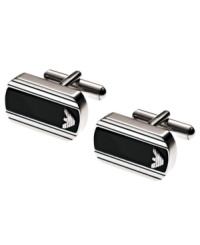Tie everything together with this dapper logo-embossed cuff links by Emporio Armani crafted in stainless steel and black enamel. Tie everything together with this dapper logo-embossed cuff links by Emporio Armani crafted in stainless steel and black enamel.