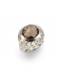 THE LOOKFaceted smoky quartz accentBasketweave designSterling silver settingTHE MEASUREMENTDiameter, about 1ORIGINMade in USA THE LOOKFaceted smoky quartz accentBasketweave designSterling silver settingTHE MEASUREMENTDiameter, about 1ORIGINMade in USA