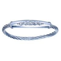 Gabriel Steel and Sterling Silver Cable Vintage Style Bangle with 0.10 Carats Decorative Diamond Scrollwork Center Gabriel Steel and Sterling Silver Cable Vintage Style Bangle with 0.10 Carats Decorative Diamond Scrollwork Center