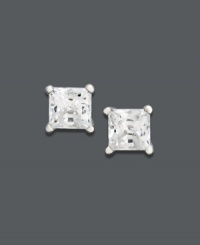 Sparkle that catches the light from every angle. These stunning diamond stud earrings feature near colorless princess-cut diamonds (1/2 ct. t.w.) set in 14k white gold. Approximate diameter: 4 mm. Sparkle that catches the light from every angle. These stunning diamond stud earrings feature near colorless princess-cut diamonds (1/2 ct. t.w.) set in 14k white gold. Approximate diameter: 4 mm.