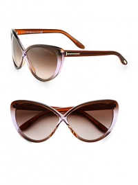 Retro acetate cat's-eye sunglasses get a glam update with a crossover butterfly shaped frame. Available in brown violet with violet gradient lens.Signature T logo temples100% UV protectionMade in Italy Retro acetate cat's-eye sunglasses get a glam update with a crossover butterfly shaped frame. Available in brown violet with violet gradient lens.Signature T logo temples100% UV protectionMade in Italy