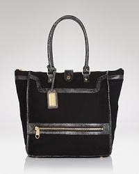 From renowned label Badgley Mischka, this perfectly-sized tote pairs soft felt with sleek snakeskin for a textured take on accessorizing. From renowned label Badgley Mischka, this perfectly-sized tote pairs soft felt with sleek snakeskin for a textured take on accessorizing.
