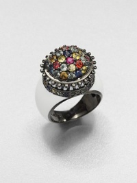 A jeweled bouquet of sapphires in rainbow shades with a beaded edge blooms atop a wide sterling silver band with a smooth enamel finish.SapphiresEnamelBlack rhodium-plated sterling silverDiameter, about .7Imported A jeweled bouquet of sapphires in rainbow shades with a beaded edge blooms atop a wide sterling silver band with a smooth enamel finish.SapphiresEnamelBlack rhodium-plated sterling silverDiameter, about .7Imported