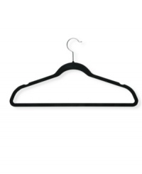 Wrinkles stay away when garments are left hanging around on these incredibly soft and undeniably durable clothes hangers. Perfectly contoured with 360º swivel hook, each black velvet hanger is gentle on delicate garments and provides a non-slip surface that holds garments right in place. Wrinkles stay away when garments are left hanging around on these incredibly soft and undeniably durable clothes hangers. Perfectly contoured with 360º swivel hook, each black velvet hanger is gentle on delicate garments and provides a non-slip surface that holds garments right in place.