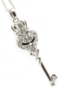 Silver Tone Designer Inspired Pavé Crystal Heart Key Pendant Crown Necklace