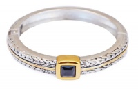 Two Tone Silver Gold Cable Etched Cuff Bracelet With Jet Black Stone Hinge Closure Designer Inspired Two Tone Silver Gold Cable Etched Cuff Bracelet With Jet Black Stone Hinge Closure Designer Inspired