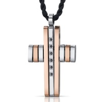 Futuristic Faith: Stainless Steel and Rose Gold Unisex Modern Cross Pendant Necklace with Black Cubic Zirconia Futuristic Faith: Stainless Steel and Rose Gold Unisex Modern Cross Pendant Necklace with Black Cubic Zirconia